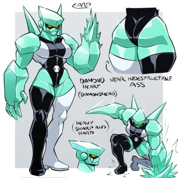 1girl absurdres alien ass ben_10 black_boots black_leotard boots breasts carpinchor123 colored_skin diamondhead english_text genderswap genderswap_(mtf) green_skin highres leotard medium_breasts mismatched_boots multicolored_leotard thigh_boots two-tone_leotard white_boots white_leotard