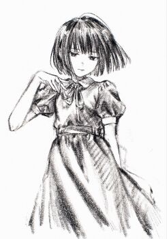 1girl dress expressionless graphite_(medium) greyscale highres looking_down machihazure monochrome neck_ribbon original ribbon short_hair solo traditional_media