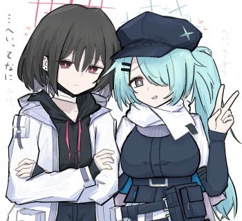 2girls belt blue_archive blue_hair brown_eyes brown_hair commentary_request crossed_arms ear_piercing gao_(gao0414) grey_eyes halo hat highres hiyori_(blue_archive) hood hoodie jacket light_smile misaki_(blue_archive) multiple_girls piercing scarf v