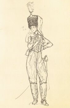 Rule 34 | 1girl, baggy pants, bearskin cap, blush, boots, buttons, cavalry, commentary, double-breasted, english commentary, faux traditional media, french army, full body, hand on own hip, hand up, heart, highres, military uniform, original, pants, paper background, parted lips, plume, saber (weapon), scabbard, schpaghettizie1, sheath, sheathed, sketch, solo, spot color, standing, sword, sword tassel, tassel, turning head, upturned eyes, weapon, weapon tassel