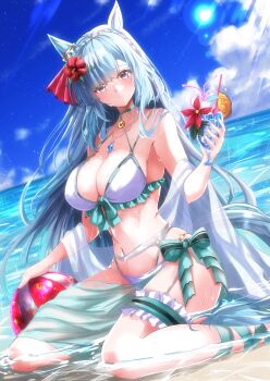 Rule 34 | 1girl, absurdres, animal ears, ball, bare shoulders, beach, beachball, bikini, blue hair, blue sky, blush, braid, breasts, choker, cleavage, closed mouth, cloud, collarbone, commentary request, crown braid, cup, ear ornament, flower, frilled thigh strap, green choker, green sarong, hair flower, hair ornament, highres, holding, holding cup, horse ears, horse girl, horse tail, jewelry, kentan (kingtaiki), large breasts, long hair, looking at viewer, mejiro ardan (umamusume), navel, necklace, ocean, outdoors, purple eyes, sarong, see-through clothes, see-through sarong, sitting, sky, smile, solo, stomach, swimsuit, tail, thigh strap, tropical drink, umamusume, water, white bikini, yokozuwari