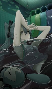 1girl absurdres aqua_eyes aqua_hair aqua_nails backrooms_(creepypasta) commentary dleung dream_pool english_commentary expressionless floating hatsune_miku highres liminal_space long_hair nail_polish number_tattoo partially_submerged shirt shoulder_tattoo sleeveless sleeveless_shirt stuffed_toy tattoo tile_wall tiles twintails vocaloid water water_slide