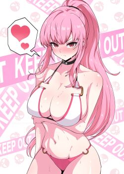1girl absurdres arm_under_breasts bikini black_choker breasts caution_tape choker cleavage closed_mouth collarbone heart high_ponytail highres hololive hololive_english kaiju_ryoku keep_out large_breasts mori_calliope navel pink_bikini pink_eyes pink_hair ponytail solo spoken_heart stomach swimsuit virtual_youtuber white_bikini