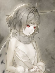 1boy antennae bug english_text bug male_focus monochrome moth open_mouth original personification red_eyes scarf short_hair solo spot_color trap wings