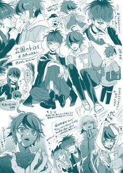 2girls 3boys ahoge amemiya_darumi aotsuki_eito blood blood_on_face blood_on_hands boots bow choker clothes_grab crying crying_with_eyes_open earrings eye_print eyepatch face_piercing facial_mark glasses gloves goku_suzume hair_bow hakama hakama_pants haori hashtag-only_commentary heart heart_facial_mark highres hood hood_grab hoodie jacket jacket_over_hoodie japanese_clothes jewelry kimono labret_piercing long_hair monochrome multicolored_hair multiple_boys multiple_girls multiple_views omokage_yugamu pants piercing print_eyepatch screentones shizuhara_hiruko shoes short_hair sirei_(hundred_line) speech_bubble streaked_hair sumino_takumi sweat tears the_hundred_line_-last_defense_academy- translation_request trembling twintails