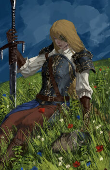 1girl absurdres belt blonde_hair blue_eyes blue_sky braid brown_gloves cloud cloudy_sky commentary dark_souls_(series) dark_souls_ii english_commentary feathers flower gloves greatsword hat highres holding holding_sword holding_weapon long_hair long_sleeves lucatiel_of_mirrah outdoors sky solo sword weapon zevranstits