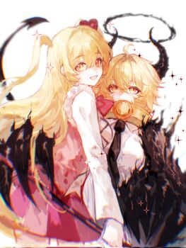 2girls :d ahoge black_claws black_halo black_horns black_necktie black_wings blonde_hair blurry bow bowtie breasts chromatic_aberration collar collared_shirt commentary_request covered_mouth demon_tail don_quixote_(project_moon) dual_persona e.g.o_(project_moon) gold_collar hair_ornament halo hand_on_another's_waist heart heart_hair_ornament highres holding horns in_the_name_of_love_and_hate_(e.g.o) index_(identity)_(project_moon) limbus_company lobotomy_corporation_(identity)_(project_moon) long_hair long_sleeves looking_at_viewer metal_collar multiple_girls necktie open_mouth oversized_forearms oversized_limbs pink_bow pink_skirt pink_vest procuration_(e.g.o) project_moon shirt short_hair skirt smile sparkle tail two_side_up very_long_hair vest white_background white_shirt wings yellow_eyes yuemiao