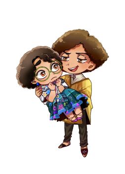 1boy 1girl afro azumayayaya brown_eyes brown_hair camilo_madrigal colombian_clothes cousins curly_hair dark-skinned_female dark-skinned_male dark_skin earrings encanto floral_print highres implied_incest jewelry mirabel_madrigal poncho shirt short_hair simple_background smile white_shirt yellow_poncho