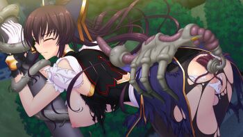 1girl anal ass bent_over bestiality black_pantyhose blush bound breasts brown_hair bug censored closed_eyes clothing_aside dutch_angle game_cg genseishinki_sacred_virth gloves hair_ribbon hanging_breasts large_breasts large_variant_set long_hair magical_girl monster mosaic_censoring nipples non-web_source official_art outdoors panties panties_aside pantyhose ponytail pussy rape restrained ribbon sacred_noire solo tentacle_sex tentacles torn_clothes torn_panties torn_pantyhose underwear variant_set very_long_hair white_gloves white_panties wince yuugure_pairo yuuki_setsu