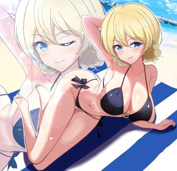 1girl absurdres beach bikini black_bikini blonde_hair blue_eyes blush braid breasts cleavage collarbone commentary_request darjeeling_(girls_und_panzer) girls_und_panzer gratin_(kumaisao) highres large_breasts looking_at_viewer navel ocean one_eye_closed outdoors side-tie_bikini_bottom sky smile solo swimsuit