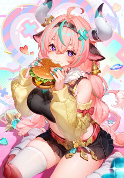 1girl :t ahoge animal_ears artist_name bare_shoulders black_skirt blush breasts burger commentary_request crop_top food food_on_face genshin_impact hair_between_eyes hair_intakes hairband heart highres holding holding_burger holding_food horns lightria long_hair long_sleeves looking_at_viewer microskirt midriff pink_hair pleated_skirt purple_eyes single_thighhigh sitting skirt solo thighhighs thighs varesa_(genshin_impact) wariza white_thighhighs