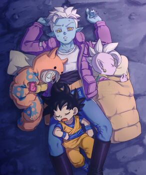 1girl 3boys belt black_footwear black_hair black_nails black_shirt blue_footwear blue_sash blue_skin boots brown_belt cave cave_interior clenched_hand closed_eyes closed_mouth collarbone colored_skin cuddling denim detached_sleeves dougi dragon_ball dragon_ball_daima dragonball_z earrings expressionless eyelashes fake_horns fingernails from_above full_body glorio_(dragon_ball) gloves grey_hair half-closed_eyes hand_rest high_collar highres horns jacket jeans jewelry knee_boots lap_pillow looking_at_another looking_down lower_teeth_only lying messy_hair mohawk multiple_boys nervous obi on_back on_ground on_side open_clothes open_jacket open_mouth padded_jacket pansy_(dragon_ball_daima) pants pansy_(dragon_ball_daima) parted_lips pillow pink_gloves pink_sleeves pointy_ears poro482 potara_earrings profile purple_jacket purple_skin raised_eyebrow rock rubber_boots sash shin_(dragon_ball) shirt single_vertical_stripe skinny_jeans skull_print sleeping sleeping_bag sleeping_on_person snoring son_goku spiked_hair sweatdrop teeth two-tone_shirt undercut undershirt wearable_sleeping_bag white_hair white_shirt wristband yellow_eyes