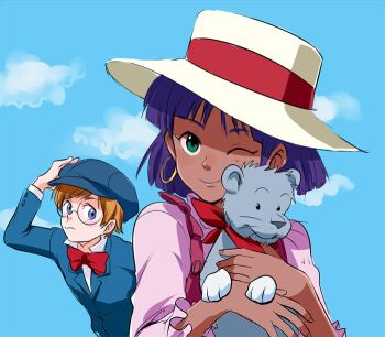 1girl butanoketu_gto closed_mouth cloud dark_skin dark-skinned_female earrings fushigi_no_umi_no_nadia glasses hat jean_roque_lartigue jewelry king_(nadia) looking_at_viewer nadia_la_arwall short_hair smile