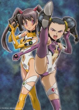 2girls bodysuit bougainvillea flexible groin kicking mintao multiple_girls official_art sora_wo_kakeru_shoujo source_request standing standing_on_one_leg
