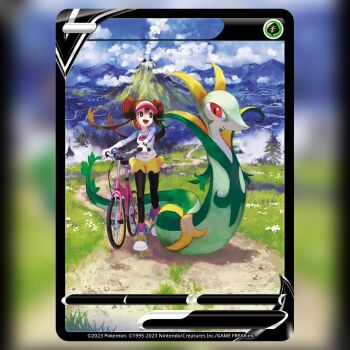 1girl :d bicycle black_pantyhose blue_eyes bright_pupils brown_hair card_(medium) closed_mouth cloud commentary company_name copyright_name copyright_notice double_bun english_commentary gen_5_pokemon grass hair_bun long_hair mountainous_horizon nintendo official_art open_mouth outdoors pantyhose path pink_socks pokemon pokemon_(creature) pokemon_bw2 pokemon_card pokemon_tcg red_eyes road rosa_(pokemon) serperior shirt shoes skirt smile smoke socks standing teeziro textless_version third-party_source trading_card tree twintails visor_cap volcano white_pupils yellow_skirt