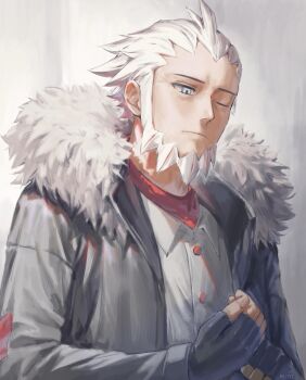 1boy beard black_gloves blue_eyes closed_mouth facial_hair fingerless_gloves fur-trimmed_hood fur_trim gloves grey_jacket highres hood jacket l_(pokemon) long_sleeves male_focus mint_pk nintendo one_eye_closed pokemon pokemon_legends:_z-a shirt short_hair simple_background solo upper_body white_hair white_shirt