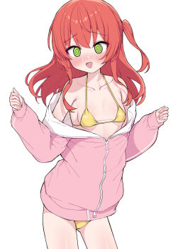 Rule 34 | 1girl, @ @, absurdres, bikini, blush, bocchi the rock!, breasts, choppy bangs, commentary, cosplay, cowboy shot, flustered, front-tie bikini top, front-tie top, gotoh hitori, gotoh hitori (cosplay), green eyes, highres, jacket, kita ikuyo, long hair, long sleeves, metaljelly, micro bikini, one side up, open mouth, oversized clothes, pink jacket, red hair, simple background, small breasts, solo, swimsuit, symbol-only commentary, track jacket, two-sided fabric, two-sided jacket, white background, yellow bikini
