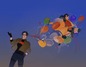 bat_signal batman_(series) batman_symbol black_bodysuit black_gloves bodysuit brown_jacket commentary_request dc_comics eibi194327 gloves grey_bodysuit highres jacket jason_todd korean_commentary male_focus multicolored_bodysuit multicolored_hair muscular muscular_male red_hood_(dc) red_hood_and_the_outlaws robin_(dc) superhero_costume taut_bodysuit two-tone_bodysuit