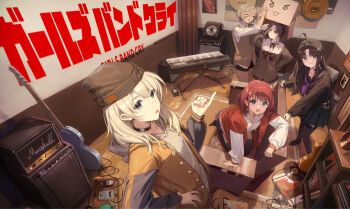 5girls ^_^ ahoge amplifier awa_subaru beanie black_choker black_hair black_ribbon black_shirt black_shorts black_thighhighs blonde_hair bow box brown_eyes brown_hair brown_hat brown_shoes brown_sweater_vest cable cardboard_box choker closed_eyes copyright_name drawstring ebizuka_tomo electric_guitar everyone girls_band_cry grey_eyes guitar hair_bow hair_ribbon hand_on_own_hip hat highres hokushuu hood hood_down hoodie indoors instrument iseri_nina jacket kawaragi_momoka keyboard_(instrument) kneeling letterman_jacket loafers looking_at_viewer mole mole_under_eye multiple_girls neckerchief open_clothes open_jacket parted_bangs pinky_out pleated_skirt purple_neckerchief record_jacket red_hair ribbon rupa_(girls_band_cry) sailor_collar sailor_shirt shirt shoes shorts skirt sweater_vest thighhighs togenashi_togeari vinyl_record wooden_floor zettai_ryouiki