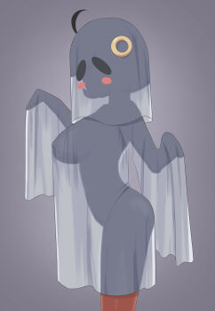 1girl absurdres ass black_hair blush_stickers breasts commentary_request covered_erect_nipples cowboy_shot cowlick dark-skinned_female dark_skin emma_(pokemon) ghost_costume grey_background hair_ornament hair_through_headwear halloween_costume hands_up highres implied_nudity large_breasts lie-on naked_costume nintendo pokemon pokemon_legends:_z-a see-through_silhouette sheet_ghost short_hair simple_background solo standing