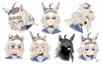ahoge animal_ears blue_eyes clenched_teeth closed_mouth commentary grey_hair highres horse_ears horse_girl long_hair mergeritter multiple_expressions oguri_cap_(starlight_beat)_(umamusume) oguri_cap_(umamusume) open_clothes open_mouth portrait sailor_collar shirt simple_background smile sweat teeth umamusume white_background white_shirt
