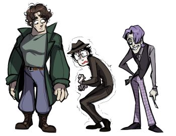 Rule 34 | 3boys, belt, black footwear, black hair, black vest, blue hair, boots, brown belt, brown footwear, brown hair, caricature, coat, commentary, cowering, daan (fear &amp; hunger), denim, fear &amp; hunger, fear &amp; hunger (series), fear &amp; hunger 2: termina, fedora, formal clothes, full body, green coat, green shirt, grey shirt, grin, hair over one eye, hat, height difference, highres, holding, holding scalpel, jeans, karladraws14, lineup, long sleeves, looking at another, looking at viewer, marcoh (fear &amp; hunger), multiple boys, neck ribbon, open clothes, open coat, pants, plaid clothes, plaid pants, ribbon, scalpel, shirt, short hair, simple background, smile, suit, tanaka (fear &amp; hunger), vest, white background