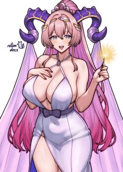 Rule 34 | 1girl, absurdres, artist name, bare arms, bare shoulders, blush, breasts, cleavage, colored inner hair, commentary, cowboy shot, criss-cross halter, dress, english commentary, fire emblem, fire emblem heroes, fireworks, full cleavage, hair between eyes, halterneck, hand on own chest, hand up, high ponytail, highres, holding, holding fireworks, horns, huge breasts, long hair, looking at viewer, mature female, multicolored hair, multicolored horns, nerthuz (fire emblem), nintendo, open mouth, pink hair, ponytail, purple horns, rotomdocs, sideboob, signature, smile, solo, sparkler, very long hair, white background, white dress, wide hips