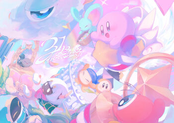 ^_^ absurdres anniversary ascot balcony bandana bandana_waddle_dee basket belt belt_buckle belt_collar black_cape black_eyes black_footwear blue_bandana blue_belt blue_eyes blue_hood blunt_bangs blunt_ends brown_eyes buckle cape capelet closed_eyes cloud collar colored_skin confetti covered_mouth dark_meta_knight dark_skin dated dimension_mirror disembodied_hand elfilin english_text extra_eyes flying gear_print gloves green_cape grey_skin half-closed_eye highres holding holding_basket horns kananishi kirby kirby_(series) kracko light_blush magolor mirror nintendo no_humans no_mouth one-eyed open_mouth outdoors outstretched_arm pink_skin pink_sky rainbow rayman_limbs red_ascot red_footwear riding scarf shadow_kirby shoes short_hair sky smile solid_eyes spacecraft sparkle spider_web_print spikes star_(symbol) taranza very_short_hair waddle_dee waddle_doo waving white_capelet white_eyes white_gloves white_hair white_mask white_scarf yellow_eyes yellow_horns