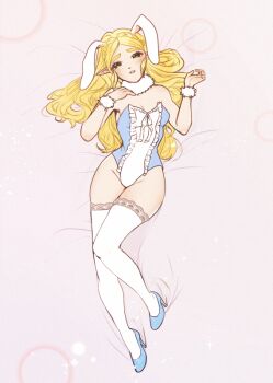 1girl animal_ears blonde_hair blue_leotard blue_shoes commentary fake_animal_ears frilled_leotard frills full_body fur_collar fur_wrist_cuffs groin high_heels leotard long_hair looking_at_viewer lying nintendo nontraditional_playboy_bunny on_back princess_zelda rabbit_ears shoes solo symbol-only_commentary the_legend_of_zelda the_legend_of_zelda:_breath_of_the_wild thighhighs white_thighhighs wildstar69 wrist_cuffs
