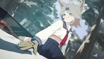 1boy 1girl ahoge animal_ears animated blue_archive brown_hair clothed_sex collared_shirt cowgirl_position dixy720 forest fox_ears fox_girl girl_on_top gloves halo headset knee_pads loli long_sleeves midriff nature navel neckerchief necktie otogi_(blue_archive) outdoors pleated_skirt pussyjob red_neckerchief school_uniform sensei_(blue_archive) serafuku shirt skirt straddling tagme tree ugoira video weapon_case white_shirt