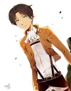 1boy ascot black_eyes black_hair dated jacket levi_(shingeki_no_kyojin) male_focus shingeki_no_kyojin signature solo takai_seika