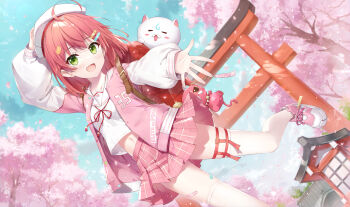 1girl 35p_(sakura_miko) ahoge arm_up backpack bag bandaid bandaid_on_leg beret blue_sky cat_hair_ornament cherry_blossoms cloud commentary_request day dutch_angle falling_petals gabiran green_eyes hair_ornament hairclip hat highres hololive jacket kintoki_(sakura_miko) letterman_jacket long_sleeves medium_hair midriff miniskirt navel neck_ribbon official_alternate_costume official_alternate_hairstyle open_hand outdoors outstretched_arm petals pink_hair pink_jacket pink_shoes pink_skirt plaid_clothes plaid_skirt pleated_skirt raglan_sleeves randoseru red_bag red_ribbon ribbon sailor_collar sakura_miko sakura_miko_(school_uniform) school_uniform shirt shoes shrine skirt sky sneakers solo thigh_strap thighhighs torii virtual_youtuber white_sailor_collar white_shirt white_sleeves white_thighhighs