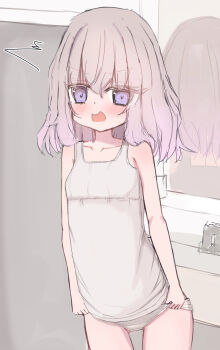 1girl angry bathroom blush breasts camisole collarbone crotch_seam embarrassed faucet gradient_hair grey_camisole grey_hair loli long_hair looking_at_viewer mirror multicolored_hair open_mouth original panties panty_pull purple_eyes purple_hair reflection shooko sink sketch small_breasts standing surprised two-tone_hair underwear undressing white_panties