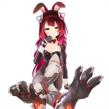 :3 absurdres artificial_limb blush brown_hair feet foot_focus highres hololive long_hair looking_at_viewer mechanical_legs playboy_bunny rabbit_ears roboco-san robot robot_girl smug virtual_youtuber white_background