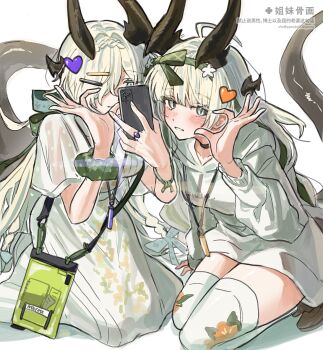 2girls alternate_costume arknights blonde_hair blush braid breasts cellphone character_name chinese_commentary commentary_request dragon_girl dragon_horns dragon_tail dress green_eyes hair_ornament hair_over_one_eye hairband hairclip heart heart_hands heart_hands_duo highres holding holding_phone horns incest jewelry kneeling long_hair looking_at_viewer multiple_girls necklace necrass_(arknights) one_eye_covered phone ppxdq reed_(arknights) ring short_sleeves siblings simple_background sisters small_breasts smartphone smile sweater tail taking_picture very_long_hair watermark white_background white_dress white_sweater yuri