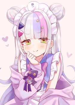 1girl blue_streaks closed_mouth commentary_request grey_hair hair_ornament highres hololive hosimiya_yume long_hair looking_at_viewer multicolored_hair murasaki_shion murasaki_shion_(magical_girl_maid) official_alternate_costume pink_streaks sidelocks solo star_(symbol) star_hair_ornament streaked_hair very_long_hair virtual_youtuber yellow_eyes