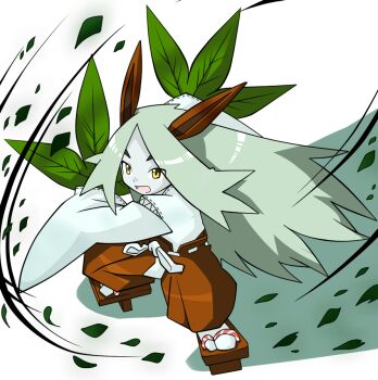 1girl belt brown_pants colored_skin commentary_request eyes_visible_through_hair folding_fan gen_3_pokemon geta green_hair hakama hand_fan japanese_clothes kimono leaf long_hair long_sleeves looking_at_viewer nintendo onimaru_(onimal7802) open_mouth pants partial_commentary personification pokemon sandals shiftry sidelocks simple_background socks solo standing tabi very_long_ears very_long_hair white_background white_belt white_kimono white_skin white_socks wind yellow_eyes