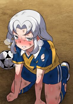 1girl akasode_matsuri_(inazuma_eleven) blush burningsushi dirty grey_eyes grey_hair inazuma_eleven_(series) inazuma_eleven_victory_road looking_at_viewer parted_lips raimon raimon_soccer_uniform soccer_uniform solo sportswear sweat teeth torn_clothes