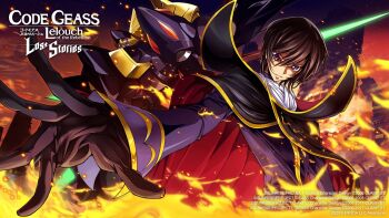 1boy arm_at_side ascot black_cape black_gloves black_hair cape coat code_geass code_geass:_lost_stories commentary_request embers f4samurai fire game_cg gawain_(code_geass) gloves gold_trim hair_between_eyes happy high_collar highres lelouch_vi_britannia looking_at_viewer male_focus mecha night official_art outdoors outstretched_arm parted_lips purple_coat purple_eyes reaching reaching_towards_viewer red_eyes robot ruins short_hair sidelocks smile solo spread_fingers standing teeth two-tone_cape underlighting upper_body v-shaped_eyebrows white_ascot zero_(code_geass)