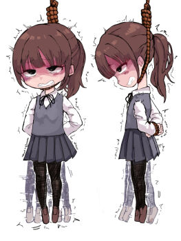 1girl aai_(pixiv105065873) arms_behind_back asphyxiation black_pantyhose bound bound_wrists brown_hair clenched_teeth dying female_focus hanged hanging motion_lines noose pantyhose ponytail rope rope_around_neck shirt shoes skirt solo tears teeth trembling white_background