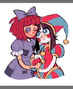 015_adri 2girls asymmetrical_gloves blue_bodysuit blue_eyes blue_gloves blue_headwear blue_pupils blunt_bangs blunt_ends blush blush_stickers bodysuit bow breasts brown_hair button_eyes buttons closed_eyes closed_mouth colored_skin comforting commentary cropped_legs dress english_commentary gloves hair_bow hat heads_together holding_hands jester jester_cap letterboxed light_frown light_smile looking_at_another looking_up medium_hair mismatched_gloves multicolored_eyes multicolored_headwear multiple_girls nose_blush patchwork_clothes pink_eyes pom_pom_(clothes) pomni_(the_amazing_digital_circus) puffy_short_sleeves puffy_sleeves purple_bow purple_dress ragatha_(the_amazing_digital_circus) red_bodysuit red_eyes red_gloves red_hair red_headwear red_nose ringlets short_hair short_sleeves side-by-side simple_background small_breasts smile stitched_arm stitches striped_clothes striped_headwear symbol-shaped_pupils the_amazing_digital_circus two-tone_eyes upturned_eyes vertical-striped_bodysuit vertical-striped_clothes vertical-striped_headwear white_background white_skin yellow_bodysuit yellow_headwear