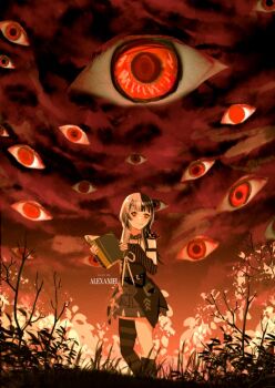 Rule 34 | 1girl, alexaniel, arm strap, artist name, black arm warmers, black choker, black dress, black hair, black thighhighs, book, branch, choker, closed mouth, dress, grey hair, holding, holding book, hololive, hololive english, long hair, looking at viewer, multicolored hair, overcast, ribbon, shiori novella, shiori novella (1st costume), single thighhigh, sky, smile, solo, split-color hair, striped arm warmers, striped clothes, striped thighhighs, thighhighs, two-tone hair, virtual youtuber, white ribbon, yellow eyes, yorick (shiori novella)