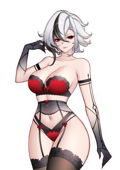 Rule 34 | 1girl, absurdres, arlecchino (genshin impact), black choker, black garter belt, black hands, black panties, black streaks, black thighhighs, bow, breasts, charlie purrito, choker, cleavage, collarbone, colored extremities, commentary, english commentary, garter belt, genshin impact, hair between eyes, hand up, highres, lace, lace-trimmed panties, lace-trimmed thighhighs, lace trim, large breasts, lingerie, long hair, looking at viewer, multicolored hair, navel, panties, parted lips, red bow, red pupils, simple background, solo, stomach, streaked hair, symbol-shaped pupils, thighhighs, underwear, underwear only, very long hair, white background, white hair, x-shaped pupils