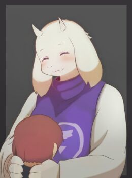1girl bad_id bad_twitter_id brown_hair closed_eyes frisk_(undertale) furry goat hug kyuuri short_hair smile toriel undertale utdr_(toby_fox)