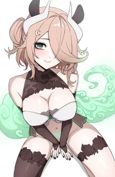 1girl absurdres animal_ears babydoll blush breasts bridal_gauntlets brown_babydoll brown_bridal_gauntlets brown_hair brown_nails brown_thighhighs cleavage closed_mouth commentary crescent crescent_hair_ornament daydarion english_commentary fingernails gradient_hair green_eyes green_hair hair_ornament hair_over_one_eye heart heart-shaped_hair heart_tattoo highres horns indie_virtual_youtuber large_breasts looking_at_viewer medium_hair multicolored_hair nail_polish navel nimi_nightmare no_panties pink_lips pubic_tattoo simple_background single_thighhigh smile solo stomach tapir_ears tapir_girl tattoo thighhighs thighs two-tone_hair virtual_youtuber white_background white_horns