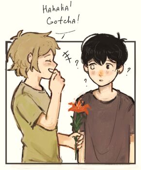+++ 2boys ? ?? antenna_hair basil_(faraway)_(omori) basil_(omori) black_eyes black_hair black_shirt blonde_hair blush closed_eyes english_text flower green_shirt grin heterochromia holding holding_flower lily_(flower) looking_at_another male_focus multiple_boys omori open_mouth shirt short_hair short_sleeves sidelocks smile speech_bubble spoilers sunny_(omori) t-shirt teeth umilini2 white_eyes