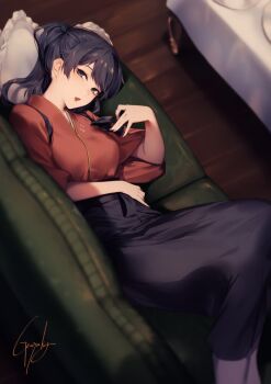1girl arm_across_waist black_hair blue_hakama blush breasts female_focus genyaky hair_ribbon hakama hakama_skirt half-closed_eyes hand_up houshou_(kancolle) indoors japanese_clothes kantai_collection kimono long_hair lounge lying medium_breasts on_side open_mouth pantyhose pillow ponytail red_kimono ribbon sidelocks signature skirt solo tabi tasuki white_background