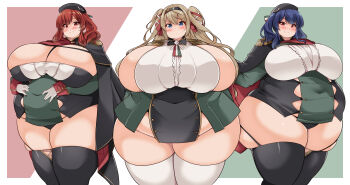 3girls absurdres arms_behind_back azur_lane beret black_panties black_thighhighs blonde_hair blue_eyes blue_hair blush bottomless breasts button_gap cleavage covered_navel epaulettes fat fat_woman garter_straps gigantic_breasts gloves gorizia_(azur_lane) hair_ribbon hairband hand_on_another's_shoulder hands_on_own_stomach hat highres huge_breasts italian_flag jacket jacket_on_shoulders kurokaze_no_sora long_hair medium_hair multiple_girls obese panties pola_(azur_lane) red_eyes red_hair ribbon side_ponytail sideboob sideless_shirt smile standing thick_thighs thighhighs thighs tight_clothes twintails underwear white_gloves white_thighhighs wide_hips zara_(azur_lane)