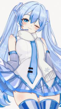 1girl :3 armpit_crease bare_shoulders blue_eyes blue_hair blue_necktie blue_skirt blue_thighhighs blush breasts closed_mouth commentary cowboy_shot flipped_sidelocks hair_between_eyes hair_intakes hatsune_miku highres kurerin long_hair looking_at_viewer medium_breasts necktie one_eye_closed pleated_skirt scarf shirt simple_background skirt skirt_hold sleeveless sleeveless_shirt snowflake_print solo thighhighs twintails very_long_hair vocaloid white_background white_scarf white_shirt yuki_miku yuki_miku_(2011) zettai_ryouiki