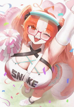 1girl :d absurdres ahoge arknights armpits balloon bandaid bandaid_on_leg bare_shoulders blush breasts cheerleader chinese_commentary cleavage commentary_request elbow_gloves fangs from_above full_body glasses gloves heart_balloon highres huge_breasts little_bit_(544633426) looking_at_viewer looking_up multicolored_hair official_alternate_costume one_eye_closed open_mouth orange_hair pointy_ears pom_pom_(cheerleading) red-framed_eyewear red_eyes shoes simple_background skirt smile sneakers solo standing streaked_hair two-tone_hair white_background white_gloves white_hair white_shoes white_skirt white_streaks wulfenite_(arknights) wulfenite_(bouncing_rhythms)_(arknights)